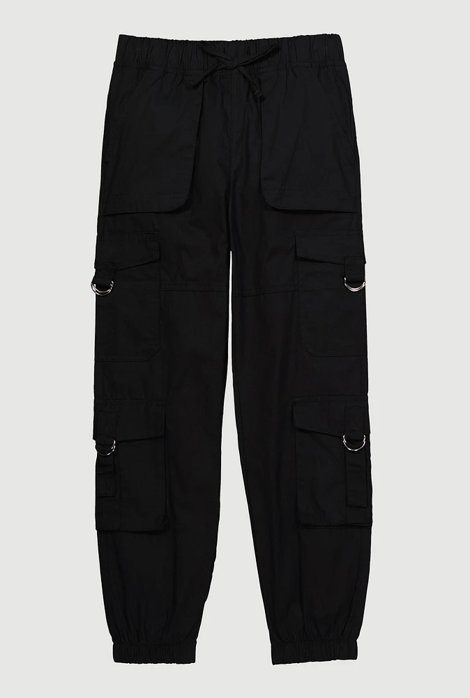 Girls Poplin D Ring Tabbed Cargo Joggers, Black, Size 7-8