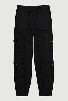 Girls Poplin D Ring Tabbed Cargo Joggers, Black, Size 7-8