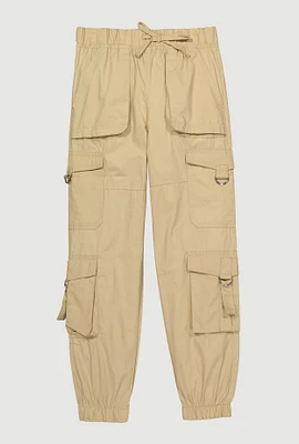 Girls Poplin D Ring Tabbed Cargo Joggers, Khaki, Size 12
