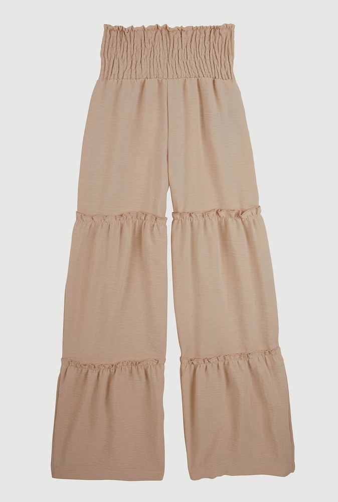 Girls Smocked Tiered Palazzo Pants, Khaki, Size 12
