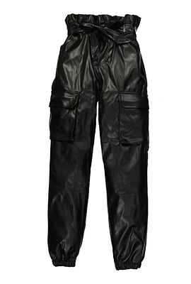 Girls Faux Leather Paper Bag Waist Cargo Pants, Black,