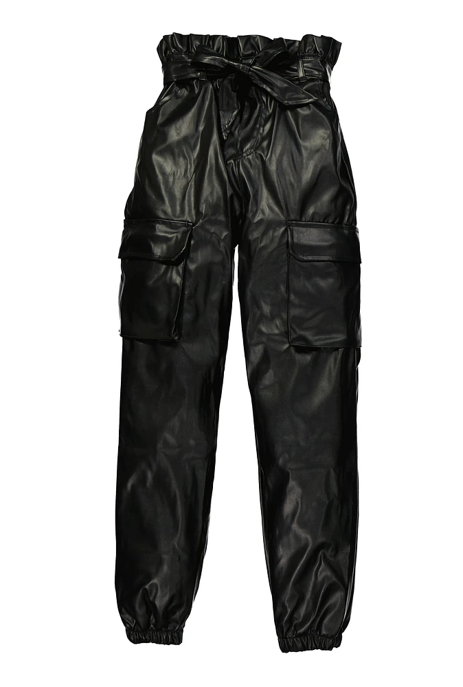 Girls Faux Leather Paper Bag Waist Cargo Pants, Black, Size 12