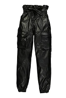 Girls Faux Leather Paper Bag Waist Cargo Pants, Black, Size 12