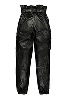 Girls Faux Leather Paper Bag Waist Cargo Pants, Black, Size 12