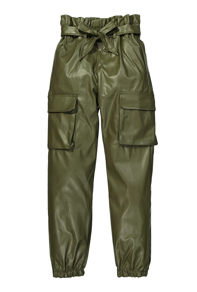 Girls Faux Leather Paper Bag Waist Cargo Pants, Green, Size 10