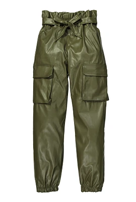 Girls Faux Leather Paper Bag Waist Cargo Pants, Green, Size 10