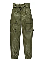 Girls Faux Leather Paper Bag Waist Cargo Pants, Green, Size 10