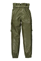 Girls Faux Leather Paper Bag Waist Cargo Pants, Green, Size 10