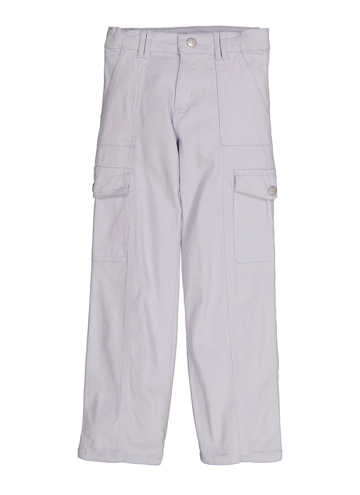 Girls Twill Solid Wide Leg Cargo Pants, White, Size 12