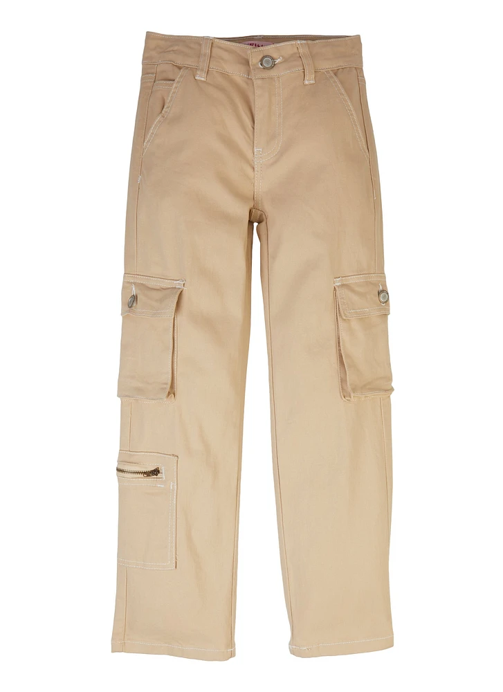 Girls Twill Wide Leg Cargo Pants, Khaki, Size 8