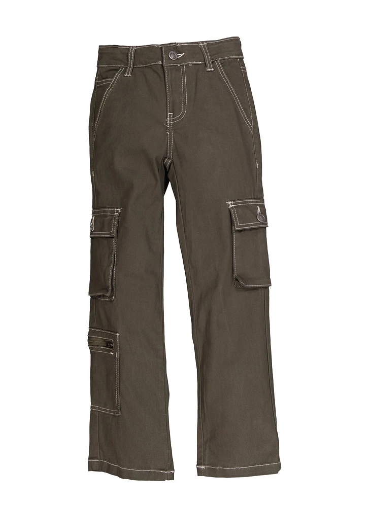 Girls Twill Wide Leg Cargo Pants, Grey, Size 7