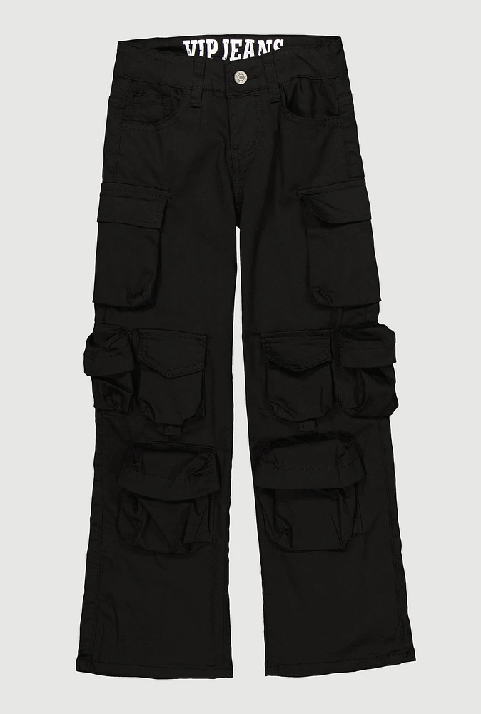 Girls VIP Wide Leg Cargo Jeans, Black, Size 7