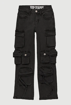 Girls VIP Multi Pocket Wide Leg Cargo Jeans, Black, Size 7