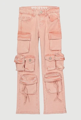 Girls VIP Mineral Wash Multi Pocket Cargo Jeans, Pink, Size 8