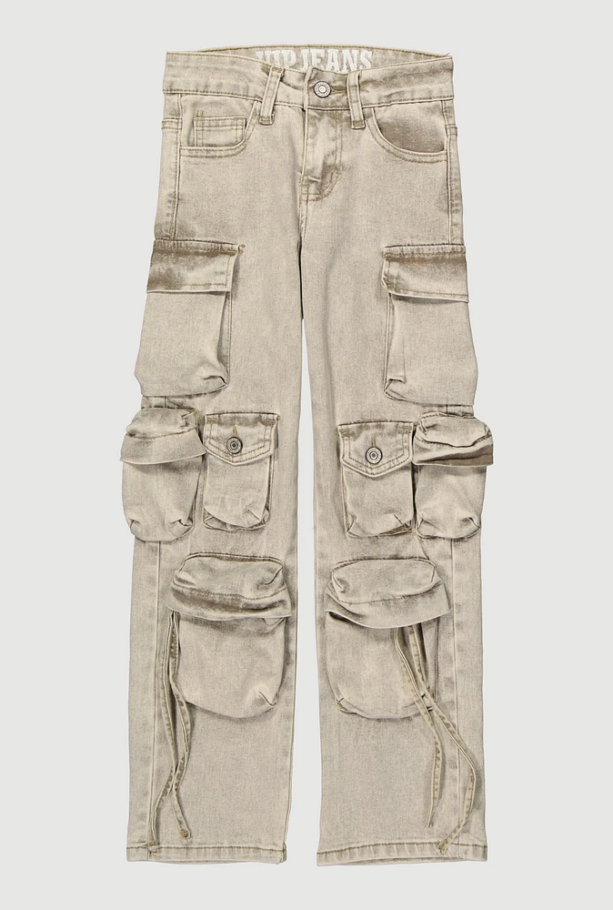 Girls VIP Multi Pocket Mineral Wash Cargo Jeans, Grey, Size 7