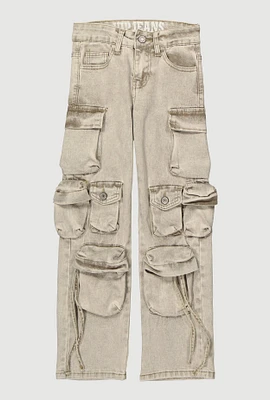 Girls VIP Multi Pocket Mineral Wash Cargo Jeans, Grey, Size 7