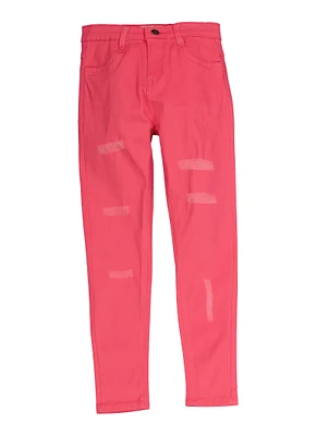 Girls Distressed Twill Skinny Pants, Pink, Size 10