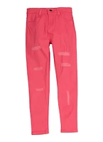 Girls Distressed Twill Skinny Pants, Pink, Size 10