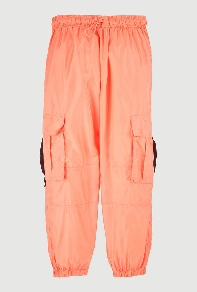 Girls Nylon Parachute Cargo Pants, Orange, Size 10-12