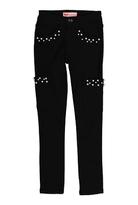 Girls Faux Pearl Detail Hyperstretch Pants, Black, Size 7