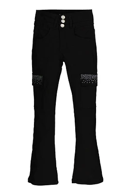 Girls Hyperstretch Rhinestone Cargo Flare Pants, Black, Size 7