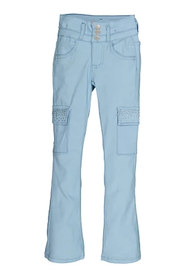 Girls Hyperstretch Rhinestone Cargo Flare Pants, Blue, Size 7