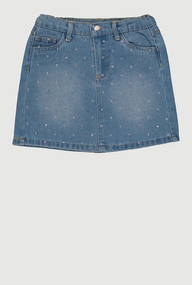Little Girls Rhinestone Studded Denim Skirt, Blue, Size 4