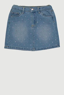 Little Girls Rhinestone Studded Denim Skirt, Blue, Size 4