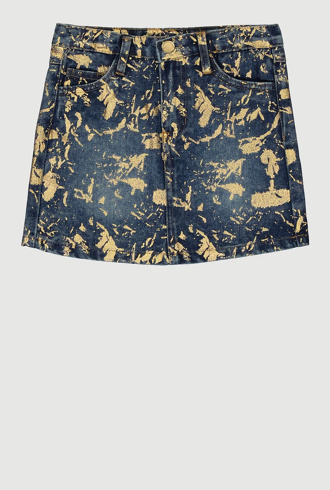 Little Girls Foil Splatter Denim Skirt, Blue, Size 6