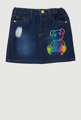 Little Girls Ombre Bear Distressed Denim Skirt, Blue, Size 5