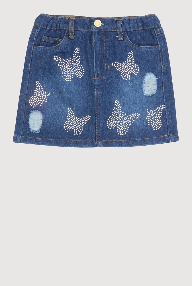 Little Girls Rhinestone Butterfly Denim Skirt, Blue, Size 4