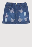 Little Girls Rhinestone Butterfly Denim Skirt, Blue, Size 4