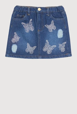 Little Girls Rhinestone Butterfly Denim Skirt, Blue, Size 5