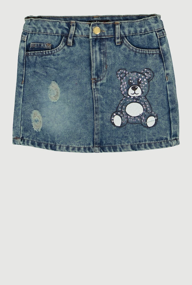 Little Girls Rhinestone Bear Distressed Denim Skirt, Blue,