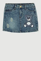 Little Girls Rhinestone Bear Distressed Denim Skirt, Blue,