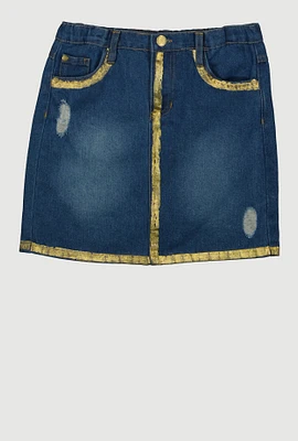 Girls Gold Trim Denim Skirt, Blue,