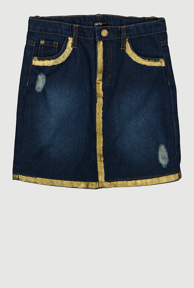 Girls Gold Trim Denim Skirt, Blue, Size 14-16
