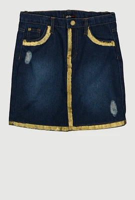 Girls Gold Trim Denim Skirt, Blue, Size 14-16