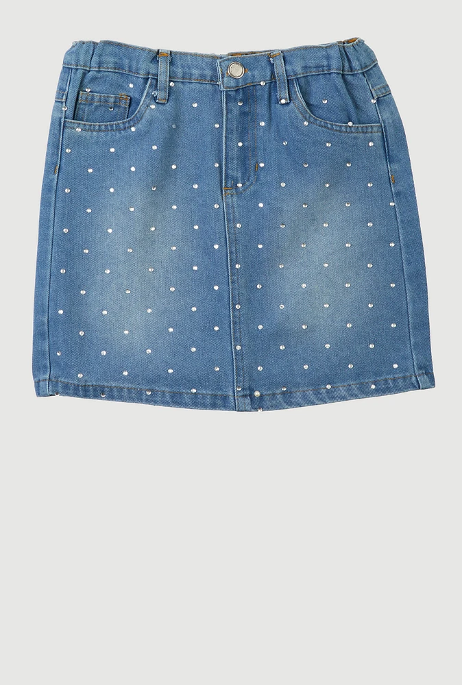 Girls Rhinestone Denim Skirt, Blue,