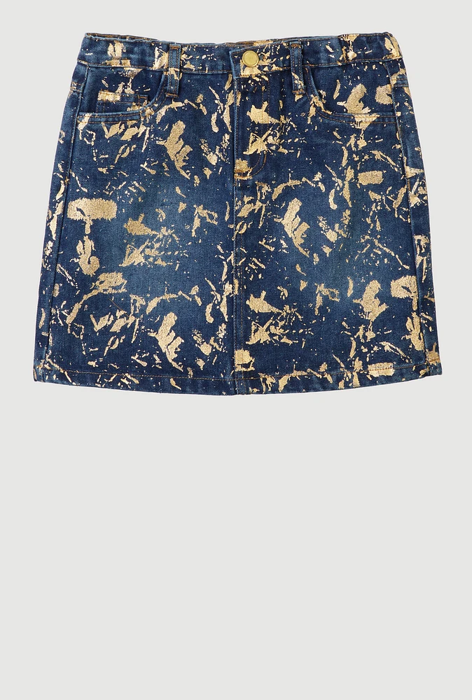 Girls Foil Screen Printed Denim Skirt, Blue,
