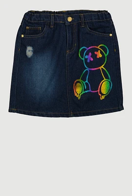 Girls Teddy Bear Graphic Denim Skirt, Blue, Size 7-8