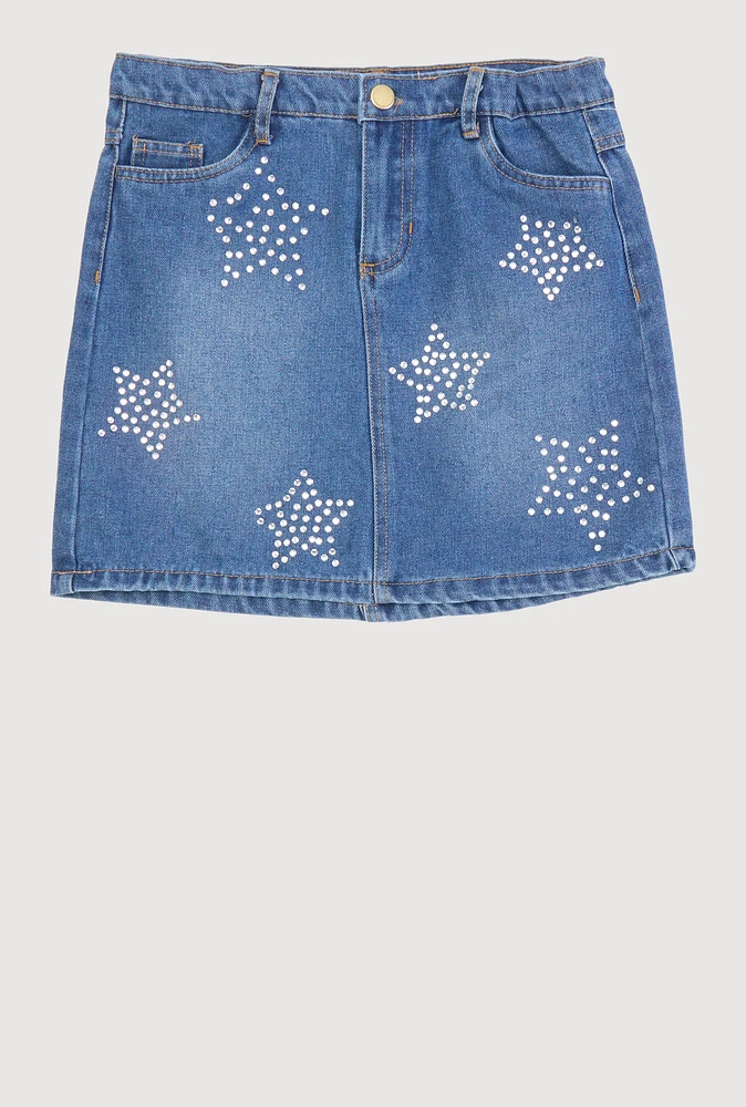 Girls Rhinestone Star Denim Skirt, Blue, Size 12