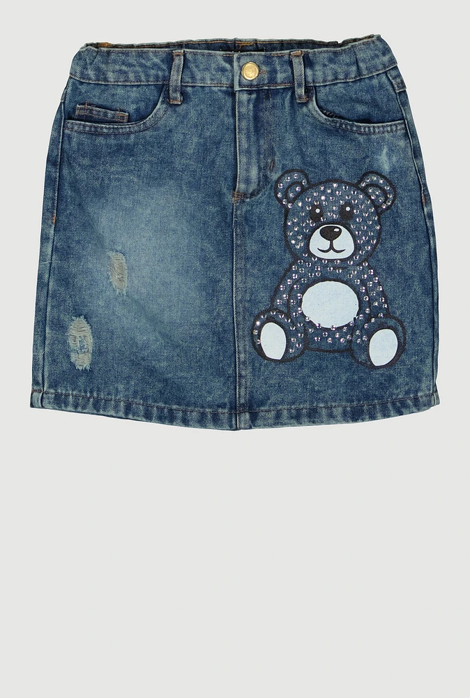 Girls Bear Rhinestone Denim Skirt, Blue,