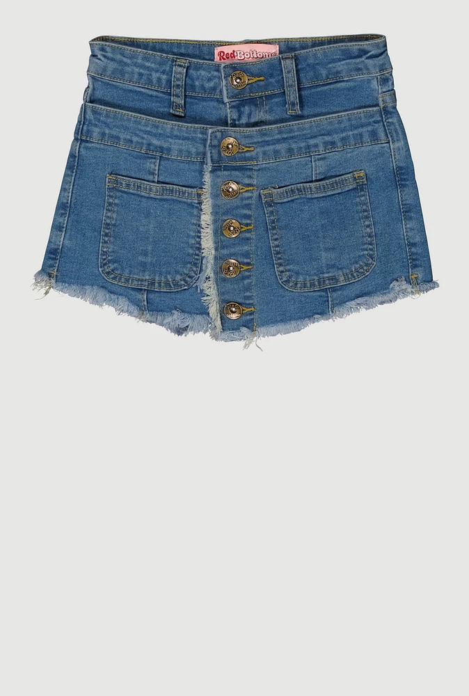 Girls Frayed Pintuck Denim Skort, Blue,