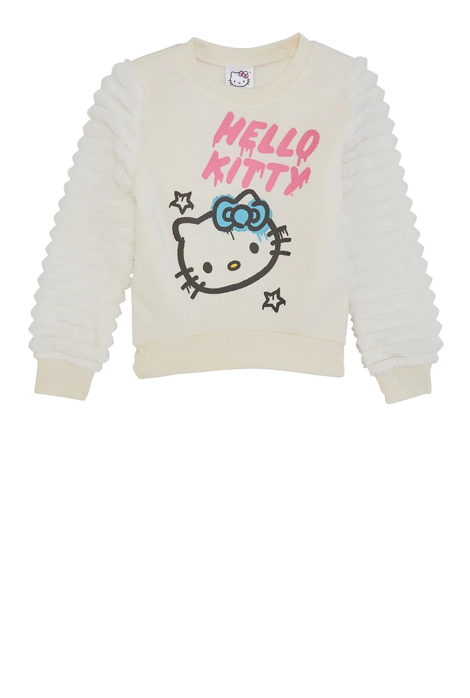 Little Girls Hello Kitty Plush Sleeve Sweatshirt, White, Size 4