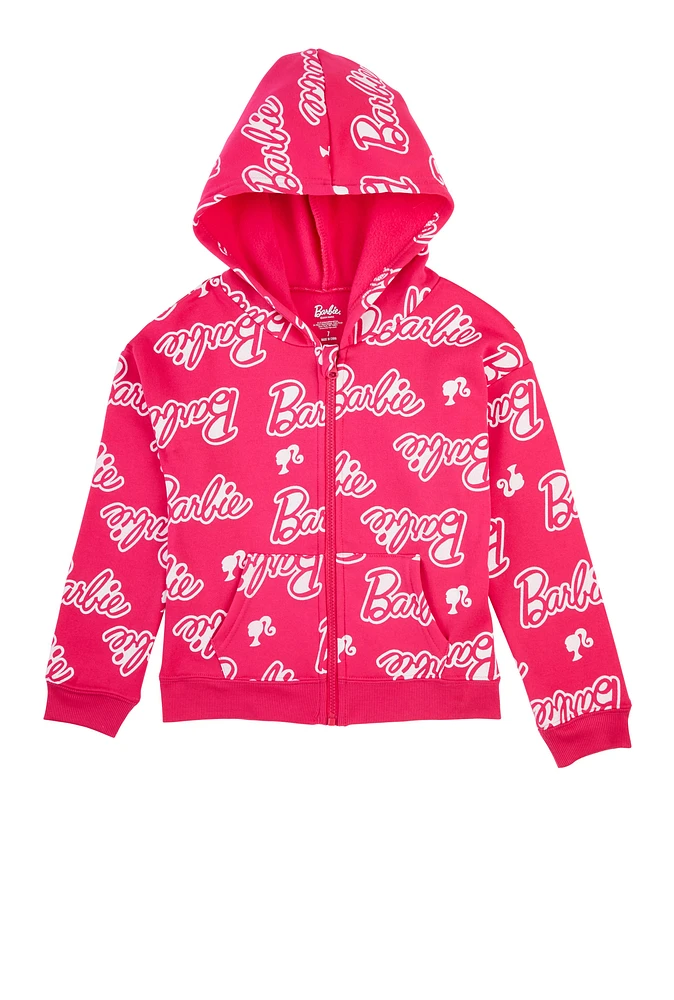 Girls Barbie Graphic Print Zip Front Hoodie, Pink, Size 7