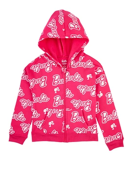 Girls Barbie Graphic Print Zip Front Hoodie, Pink, Size 8
