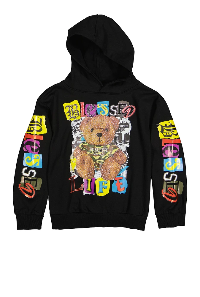 Girls Blessed Life Graphic Pullover Hoodie, Black, Size 10-12