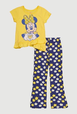 Little Girls Minnie Mouse Graphic Tee and Floral Pants, Yellow, Size 4