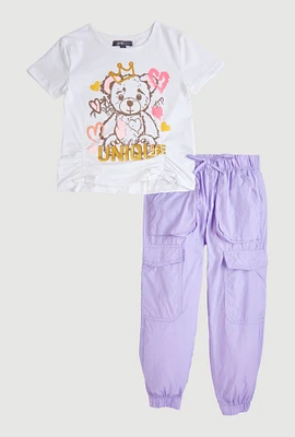 Little Girls Unique Graphic Tee and Cargo Joggers, Purple,